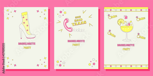 Set of Bridal shower invitation cards in retro groovy style Vintage bachelorette party invite Templates for your design 