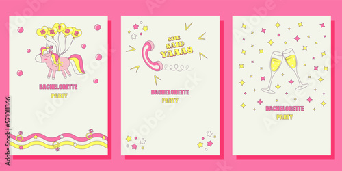 Set of Bridal shower invitation cards in retro groovy style Vintage bachelorette party invite Templates for your design 