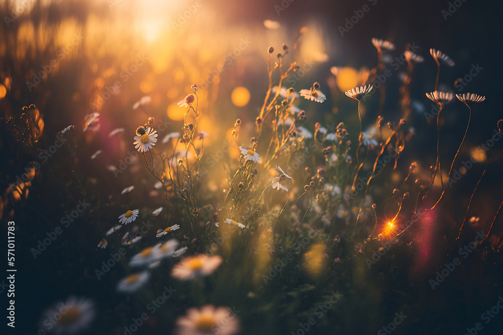 Blooming flowers in the garden or meadow illuminated by the soft light of the sun. Seasonal spring background with sunset, sunrise. Bottom close up shot. Moody natural light in field. Generative AI.