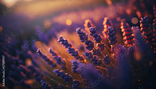 Close-up of a lavender field with the setting sun. Golden hour among blooming flowers. Seasonal background. The sun illuminates the plants. Mood natural light. Horizontal dimension. Generative AI.