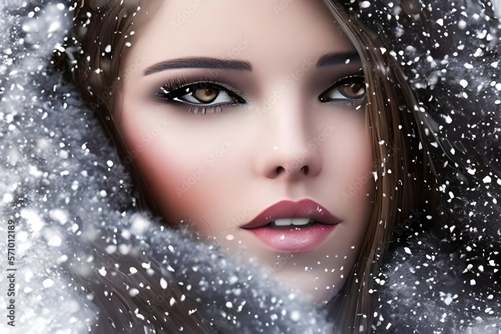 Portrait of a beautiful young woman girl in winter hood. Outdoors snowing. On a cold winter day with snowflakes falling. Close up. Generative Ai.