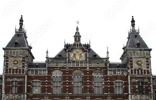 Amsterdam Central station building on a clouded day with white sky