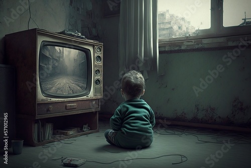 image, a little boy sitting alone in front of the television, ai generative