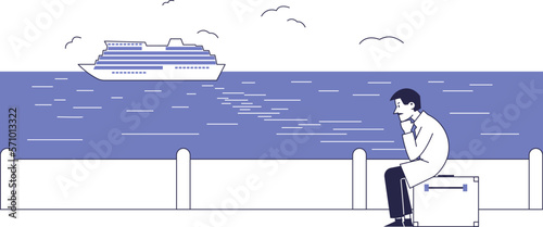 A man late for a cruise ship sits sadly on the pier.