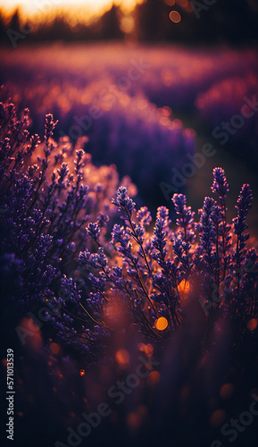 Close-up of a lavender field with the setting sun. Golden hour among blooming flowers. Seasonal background. The sun illuminates the plants. Mood natural light. Vertical dimension. Generative AI.