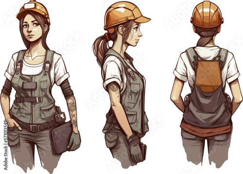 Female worker wearing a helmet and tool belt holding tablet. Concept art. Futuristic vector illustration isolated on white