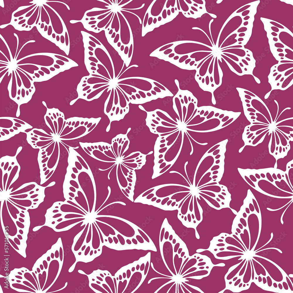 seamless pattern of white contours of butterflies on a purple background, texture, design