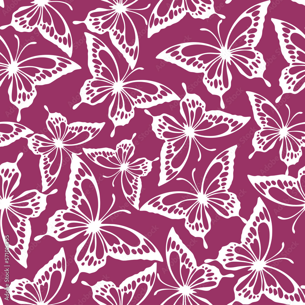 Fototapeta premium seamless pattern of white contours of butterflies on a purple background, texture, design