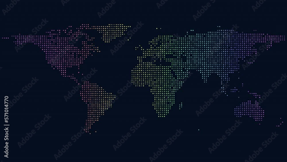 Digital world map from neon rainbow dots on black gradient, motion abstract corporate, futuristic and business style background Digital world map from neon rainbow dots on black gradient, motion abstract corporate, futuristic and business style background