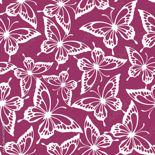 seamless pattern of white contours of butterflies on a purple background  texture  design