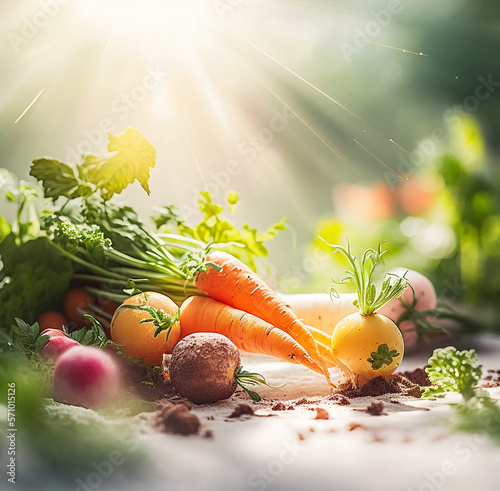 Farmfood fresh to the table. Homegrown vegtables, with nice herbs backdrop, bokeh effect and sunrays in the background in a spring garden setup. Summer feeling. AI Generated Art. photo