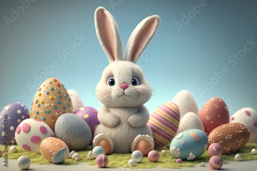 Happy Bunny with many Easter eggs on grass. Festive background for decorative design.