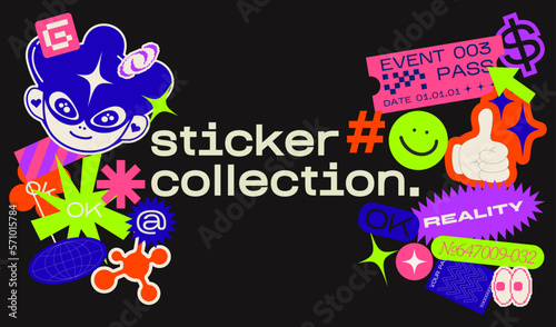 Collection of various patches, labels, tags, stickers, stamps. thanks, hi, yes. Funky hipster 90s style stickers. Vector set, trendy promo labels