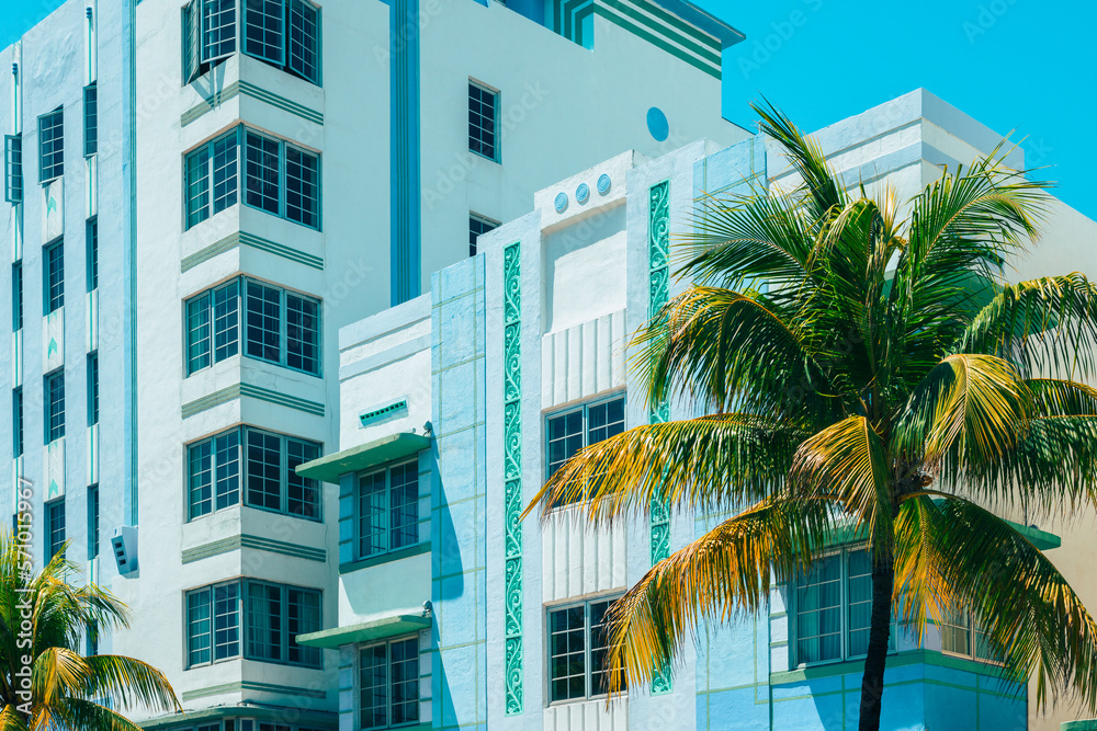 Detail of Art Deco Buildings along Ocean Drive in Miami South Beach, Florida, USA. Most of the Art Deco Buildings date from the 1930s.