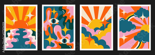 90s groovy posters. Cartoon psychedelic style. Bright hippie characters and retro elements. Trip landscapes with mountains, sun rays, planet, trip wave. Vector collection