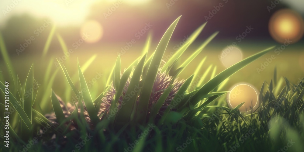Green grass nature field closeup backlit by golden sunlight with sun rays. Natural spring grass on blurred bokeh background.