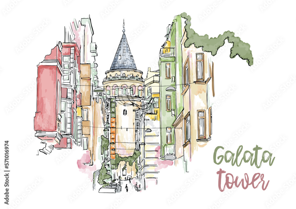 A hand drawn watercolor sketch of Galata Tower, Istanbul, Turkey. A famous sightseeing of Turkey