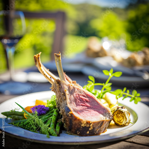 Tasty rack of lamb served in the garden on pan in a spring scene. Farmfood fresh on the table. AI Generated Art. photo