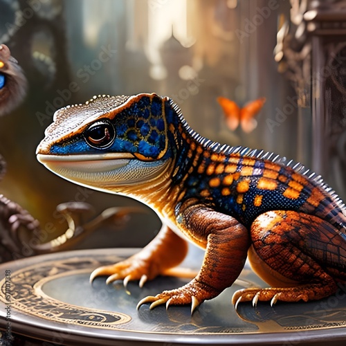 fantasy lizard stands on the table. scaly skin  - created with Generative AI technology