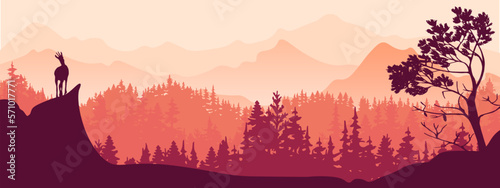 A chamois stands on top of a hill with mountains and forest in the background. Black silhouette with red, pink background. Illustration.