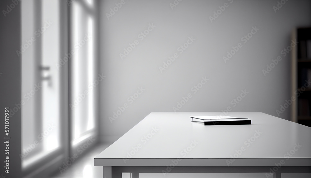 Front view white empty desk with blurry room background created with Generative AI Technology Front view white empty desk with blurry room background created with Generative AI Technology