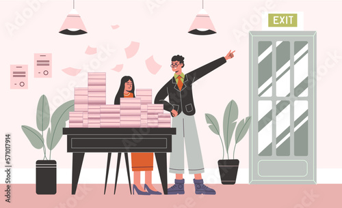 Boss dismisses employee. Workplace conflict. Manager points woman to exit. Stressful office situation. Sad oppressed worker. Employer firing clerk. Unhappy jobless woman. Vector concept