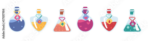 Bottles with magic potions. Alchemy elixir. Magical substance. Game inventory. Wizardry beverage containers. Poison drink jars. Sorcery liquid flasks. Vector witchcraft elements set