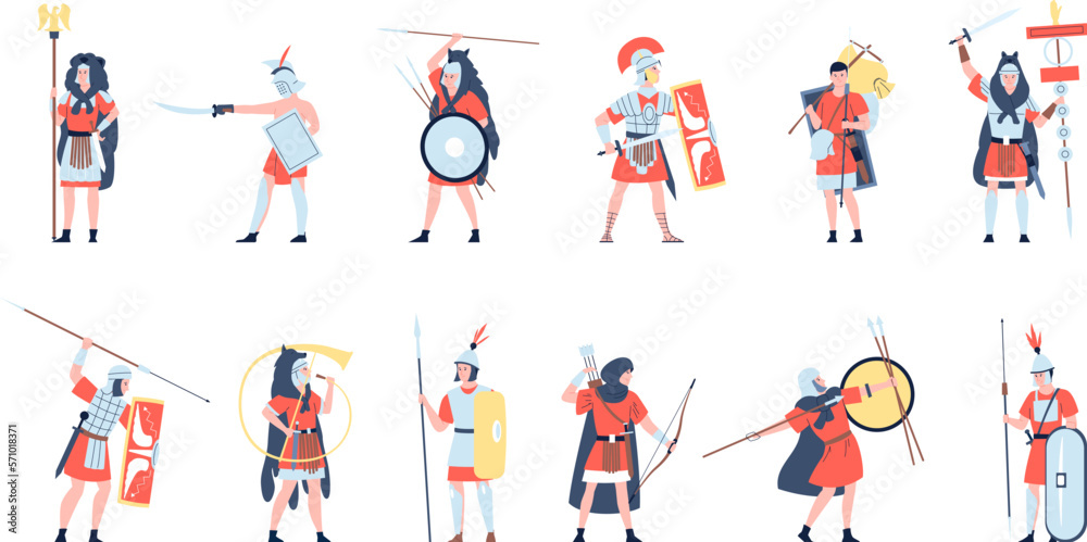 Roman army warriors characters. Rome soldier, trojan warrior gladiator. Ancient greek soldiers, war military empire cultures, recent vector set