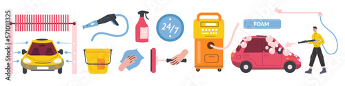 Car wash elements. Auto care products. Brushing and washing liquids. Brushes and wipers. Vacuum cleaner for dry interior cleaning. Self-service workshop. Vector cleanser equipment set