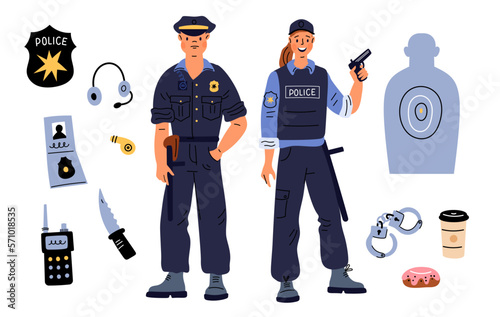 Cartoon police elements. Patrol man and woman. Different security equipment. Professional policemen in uniform. Male or female officers. Cops with gun and headset. Garish vector set
