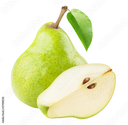 One whole green pear and a piece with seeds, isolated