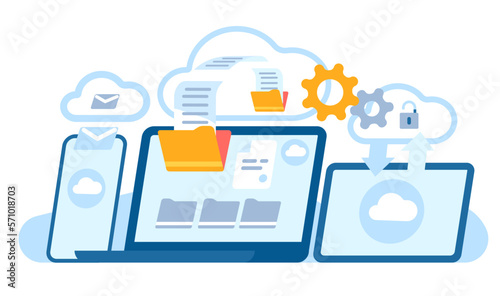 Cloud service on laptop. Online information exchange. Phone and tablet screens. Devices wireless connection. Digital computing. Internet data transfer. Document folders. Vector concept