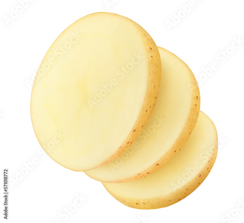 Obraz na plátně Three raw potato chips in a row cut out