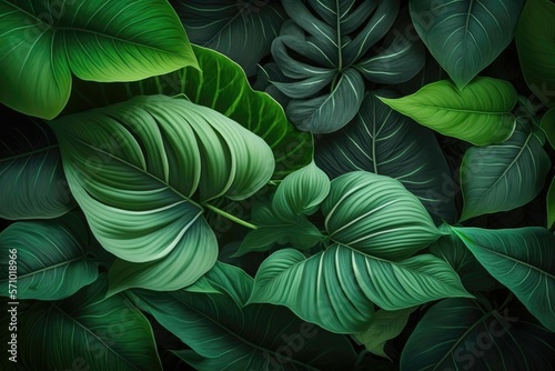 Tropical palm leaves pattern background. Green monstera tree foliage decoration design. Plant with exotic leaf closeup.