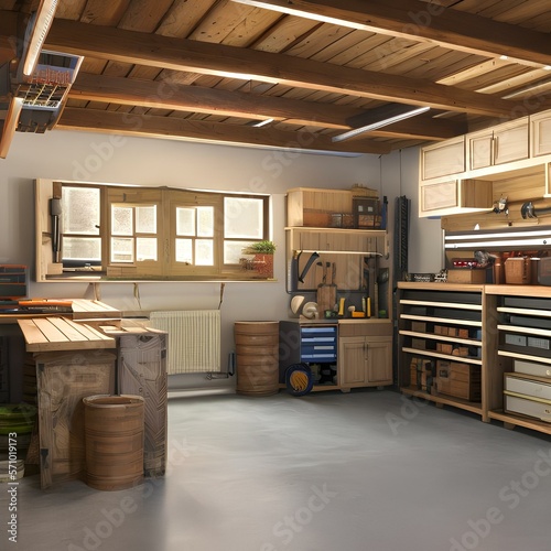 garage with plenty of storage and a workbench1, Generative AI