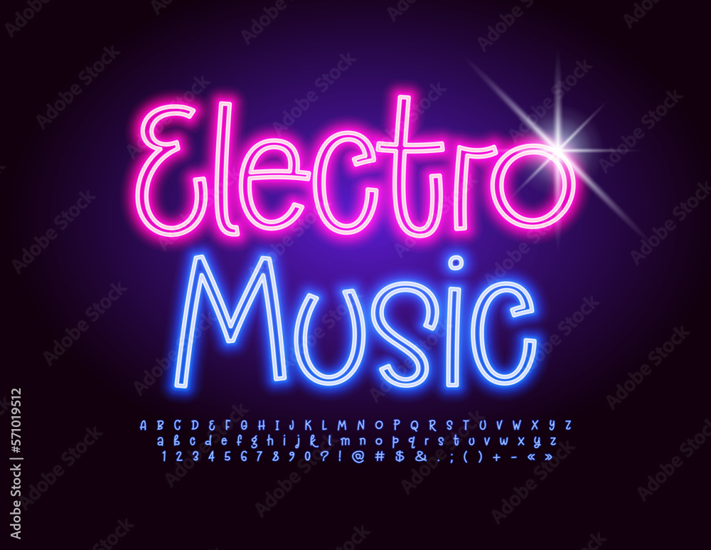 Vector playful Emblem Electro Music. Creative Neon Font. Bright glowing Alphabet Letters and Numbers set. Vector playful Emblem Electro Music. Creative Neon Font. Bright glowing Alphabet Letters and Numbers set.