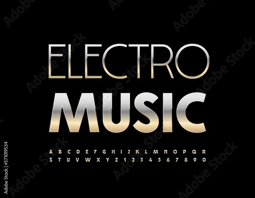 Vector modern banner Electro Music. Glossy steel Font. Metallic chrome Alphabet Letters and Numbers set