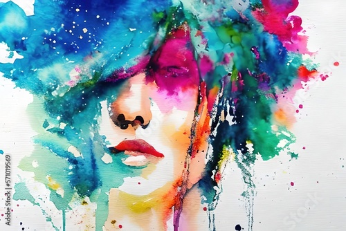 Beautiful woman, colorful stunning illustration in grunge style. . Spatter and drips of paint. Ai generative