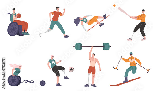 Paralympic athletes. Professional sports. People with missing limbs. Wheelchair and prosthetics. Basketball athletic competition. Runners and skiers. Vector handicapped sportsmen set