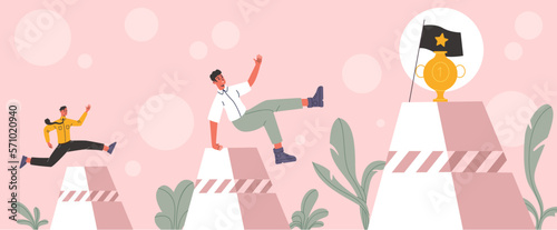 People overcoming obstacles. Businessmen race over rocks. Competition in company. Success striving. Men persistently running through mountains. Workers striving for goal. Vector concept