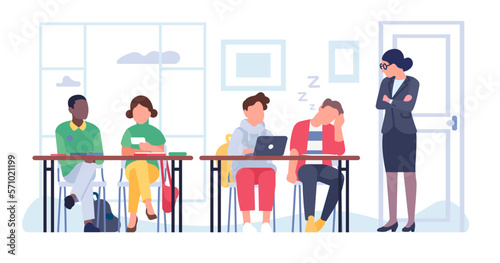 Professor or teacher looks reproachfully at sleeping student. Pupils sitting at desks. School discipline. College education. University lecture classroom. Distracted person. Vector concept