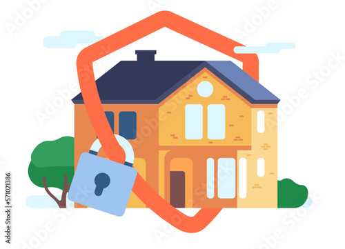 Secure home. House protection with safety system. Insured mansion. Security shield with lock. Property defense. Real estate insurance. Residential building safeguard. Vector concept