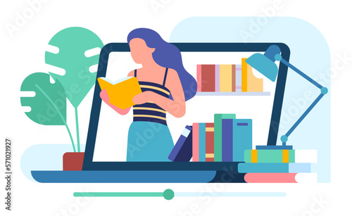 Video blog with review of interesting books. Reading woman Online blogging content. Recommended literature. Literary vlog web broadcasting. Blogger presenting novel. Vector concept
