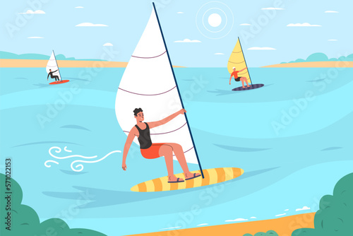 Water extreme activity. Happy people windsurfing. Cartoon surfer characters at sea. Professional athletes and amateurs. Men or women ride sail boards. Ocean landscape. Vector concept