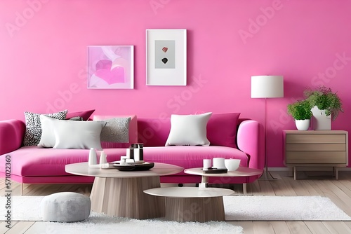 Living room in pink with pink wall and sofa. Home decoration ideas. Creative ideas. Generative Ai