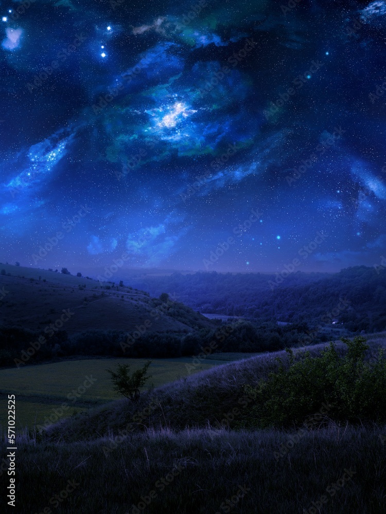 Colorful nebula in the night sky over mountains. Milky Way galaxy above the hills. Night landscape with cosmic clouds and stars.