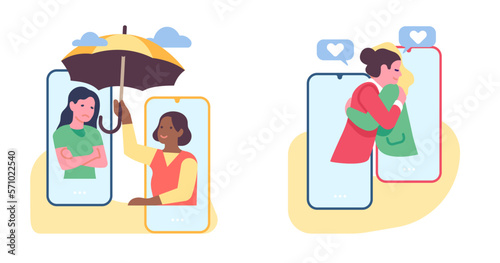 Women comfort and care for girls with psychological problems over phone. Friends chatting. Psychology support. Mental disorder. Females hugs. Helping umbrella. Vector smartphones set