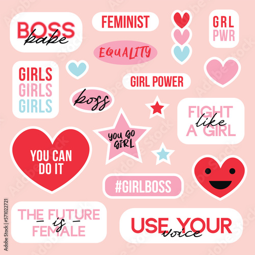 Big sticker set with girl power slogans and feminist quotes. Vector illustrations. Greeting cards