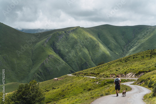 young man hiking on a trail with his dog with large green mountains in the background
