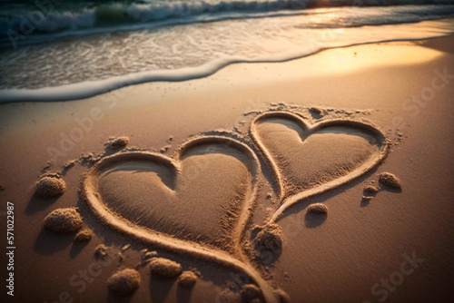 two hearts drawn on the sand beach Generative AI